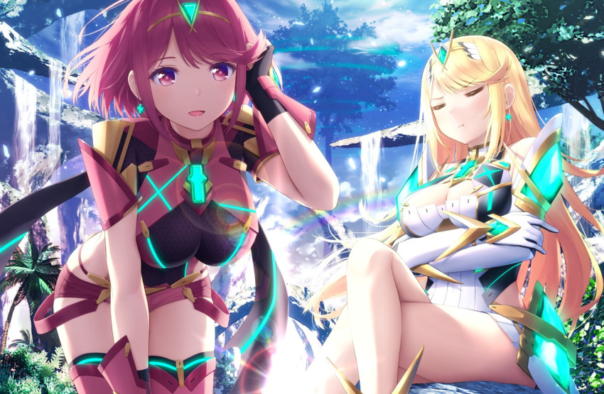 2girls adjusting_hair armor bangs bare_shoulders black_gloves blonde_hair blue_sky blush breasts cleavage cleavage_cutout closed_mouth cloud cloudy_sky commentary covered_navel crossed_arms day dress earrings elbow_gloves eyebrows_visible_through_hair eyes_closed fingerless_gloves gem gloves hair_ornament haribote_(tarao) headpiece hikari_(xenoblade_2) homura_(xenoblade_2) jewelry large_breasts leaning_forward legs_crossed long_hair looking_at_viewer multiple_girls nintendo open_mouth outdoors pose pout red_eyes red_hair red_legwear red_shorts short_hair short_shorts shorts shoulder_armor sitting sky smile standing swept_bangs thighhighs tiara tree v-shaped_eyebrows very_long_hair white_dress xenoblade_(series) xenoblade_2