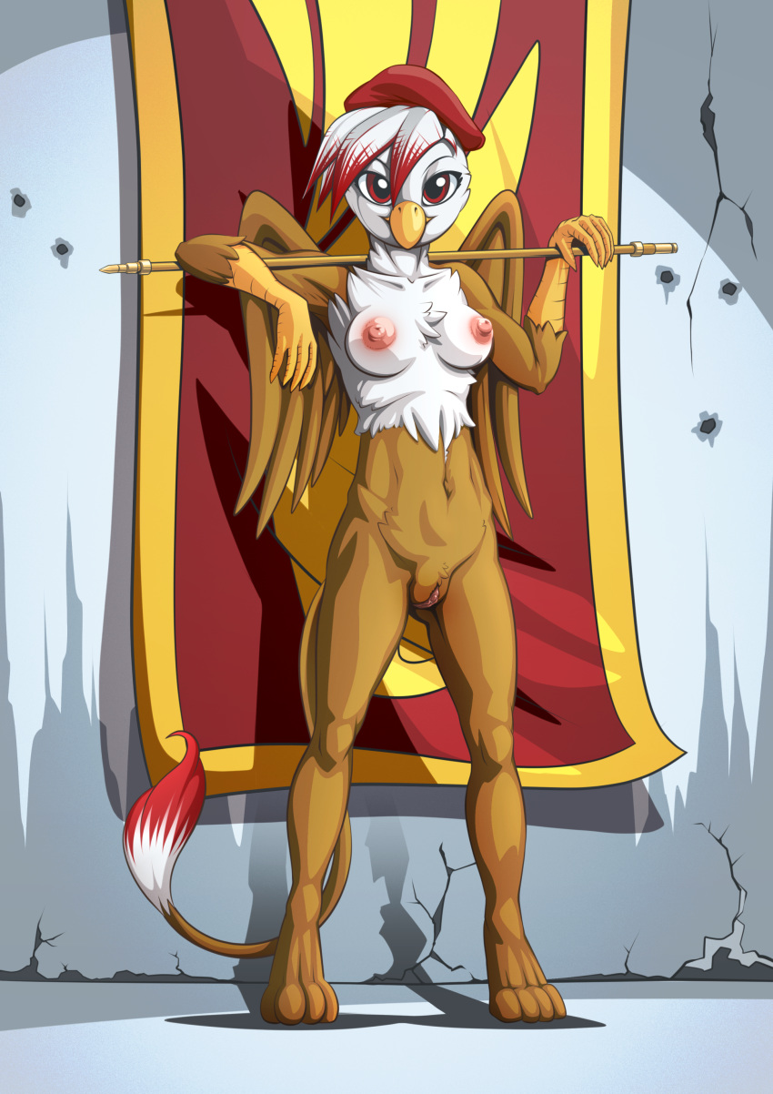 2019 4_toes absurd_res anthro areola avian banner barefoot beak biped breasts brown_feathers brown_tail brown_wings clitoris clothing digital_media_(artwork) digitigrade erect_nipples feathered_wings feathers female front_view full-length_portrait gryphon hair hat headgear headwear hi_res looking_at_viewer multicolored_feathers multicolored_hair mysticalpha navel nipples non-mammal_breasts nude pink_nipples pink_pussy portrait pussy red_eyes red_hair solo standing tail_tuft toes tuft two_tone_feathers two_tone_hair white_feathers white_hair wings yellow_beak