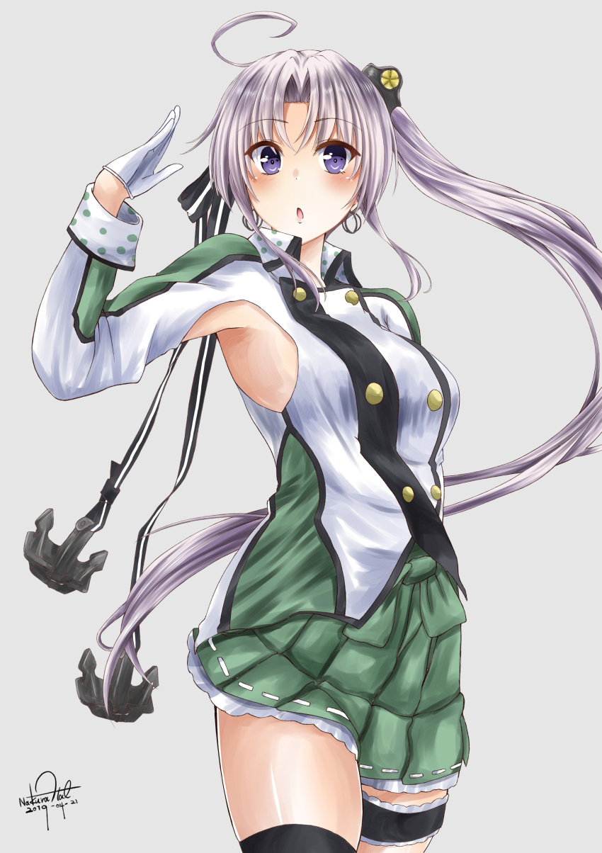 1girl absurdres ahoge akitsushima_(kantai_collection) anchor armpit_cutout blush breasts collared_jacket commentary dated garters gloves green_skirt grey_background hair_ornament hair_ribbon half_gloves hand_up hat highres jacket kantai_collection leg_garter long_hair long_sleeves looking_at_viewer medium_breasts military military_uniform mini_hat nakura_haru open_mouth petticoat pleated_skirt purple_eyes purple_hair ribbon side_ponytail sidelocks signature simple_background skirt solo thighhighs uniform white_gloves