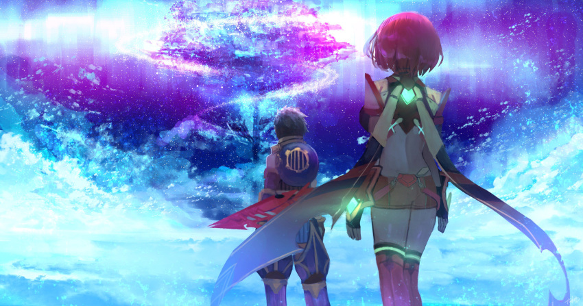 1boy 1girl arms_at_sides aurora back backlighting bare_shoulders black_gloves black_hair blue_pants cloud commentary_request facing_away feet_out_of_frame fingerless_gloves from_behind gem gloves glowing helmet highres homura_(xenoblade_2) night night_sky nintendo outdoors pants petals red_hair red_legwear red_shorts rex_(xenoblade_2) short_hair short_shorts shorts shoulder_armor sky standing sword tarbo_(exxxpiation) thighhighs tree weapon weapon_on_back xenoblade_(series) xenoblade_2