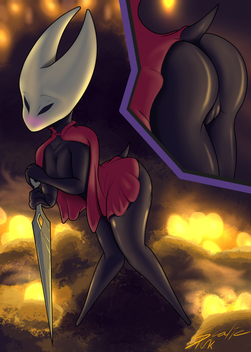 arthropod black_scales breasts clothed clothing featureless_breasts female hi_res hollow_knight hornet hymenopteran insect nude partially_clothed pussy scales scaliepunk solo wasp