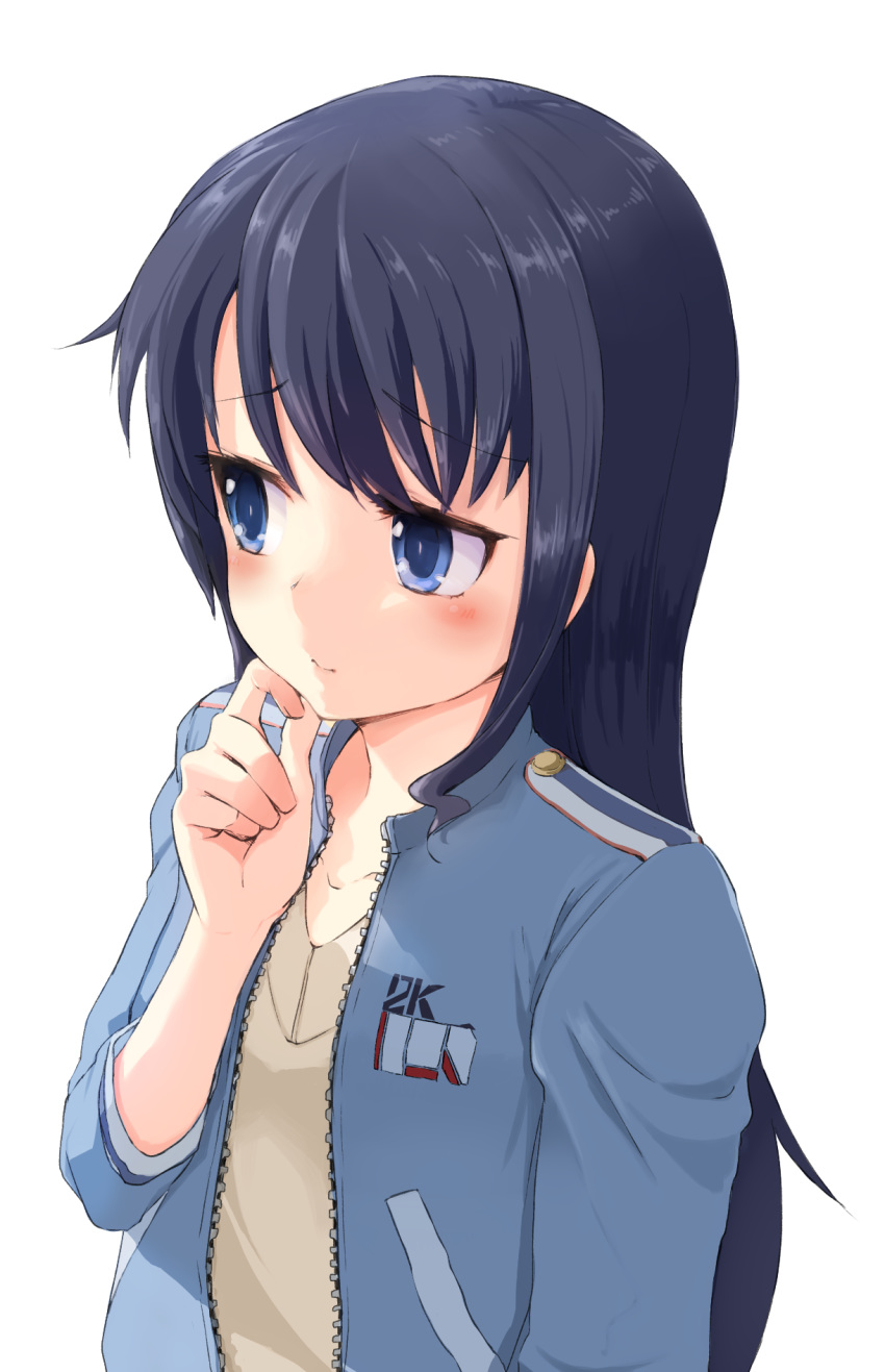 1girl alice_gear_aegis bangs black_hair blue_eyes blue_jacket blush closed_mouth collarbone commentary_request eyebrows_visible_through_hair fingernails hair_between_eyes hand_on_own_chin hand_up highres jacket koashi_mutsumi long_hair looking_away looking_to_the_side momo_(higanbana_and_girl) open_clothes open_jacket simple_background solo sweater_vest upper_body very_long_hair white_background