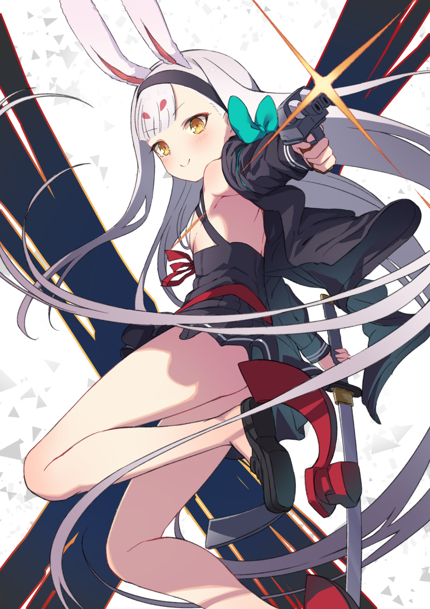 1girl animal_ears armpit_peek azur_lane back bare_legs black_footwear black_jacket blush breasts bunny_ears cowboy_shot dress dual_wielding firing graphite_(medium) hairband highres hikimayu holding jacket katana long_hair looking_at_viewer mechanical_pencil muzzle_flash neme1228 orange_eyes pencil shimakaze_(azur_lane) shoes short_dress sideboob silver_hair small_breasts smile solo sword thick_eyebrows thighs traditional_media turret weapon white_background