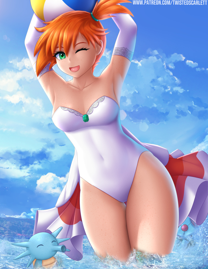 1girl arms_up blue_eyes blush breasts cameltoe covered_navel creatures_(company) elbow_gloves female game_freak gen_1_pokemon gloves horsea kasumi_(pokemon) looking_at_viewer medium_breasts nintendo one-piece_swimsuit one_eye_closed open_mouth orange_hair pokemon pokemon_(anime) pokemon_(classic_anime) pokemon_(creature) shiny shiny_hair shiny_skin short_hair side_ponytail smile solo spiked_hair swimsuit tentacruel tied_hair twistedscarlett60 wet white_gloves white_swimsuit