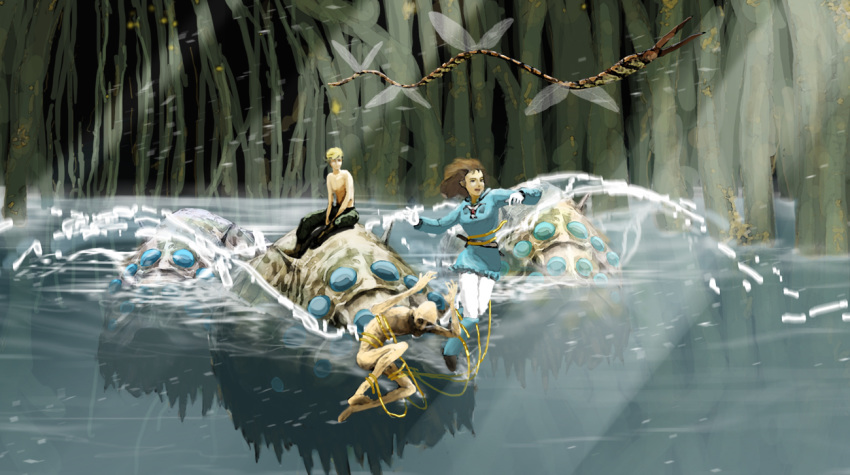 1boy 1girl brown_hair bug commentary dress gloves hebikera kaze_no_tani_no_nausicaa lake miralupa nausicaa ohmu outdoors selm shin_guards short_hair studio_ghibli tk914 topless_male waves