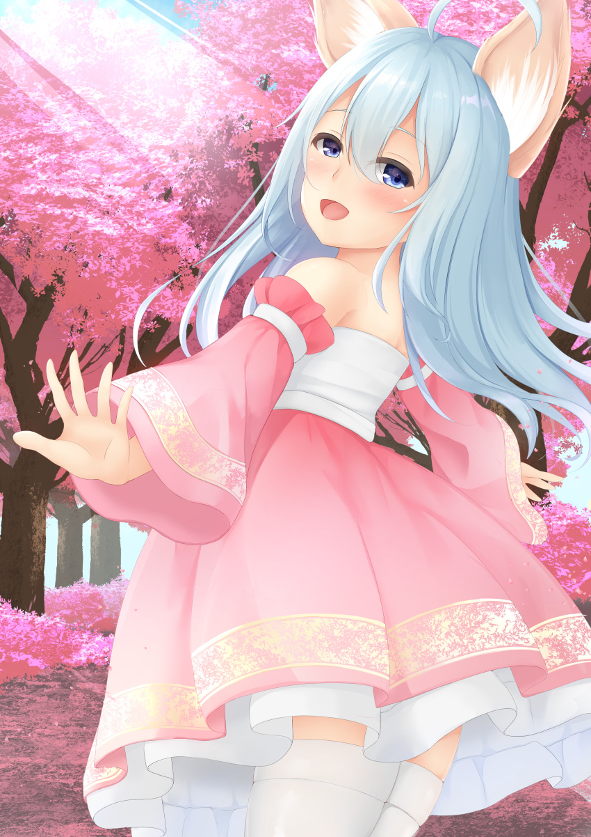 1girl absurdres ahoge animal_ears bare_shoulders blue_eyes blue_hair cherry_blossoms detached_sleeves dog_ears dress elin_(tera) forest from_behind highres huge_filesize long_hair looking_back nature no_tail open_mouth outdoors outstretched_arms pink_dress smile solo sonia_(fetusdream) tera_online thighhighs tree white_legwear