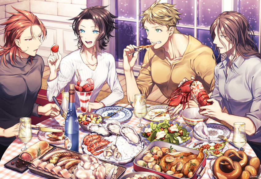 4boys :d black_hair black_sweater blonde_hair blue_eyes bottle brown_eyes brown_hair character_request chicken_(food) collarbone copyright_request cup dress_shirt drinking_glass eating food fruit green_eyes highres ice_cream indoors lobster long_hair long_sleeves looking_at_another macaron matsuki_tou multiple_boys open_mouth oyster plate red_eyes red_hair ribbed_sweater rug salad sausage shirt shrimp sitting sleeves_folded_up smile snowing spoon strawberry sundae sweatdrop sweater table tray turtleneck turtleneck_sweater wafer_stick white_sweater window