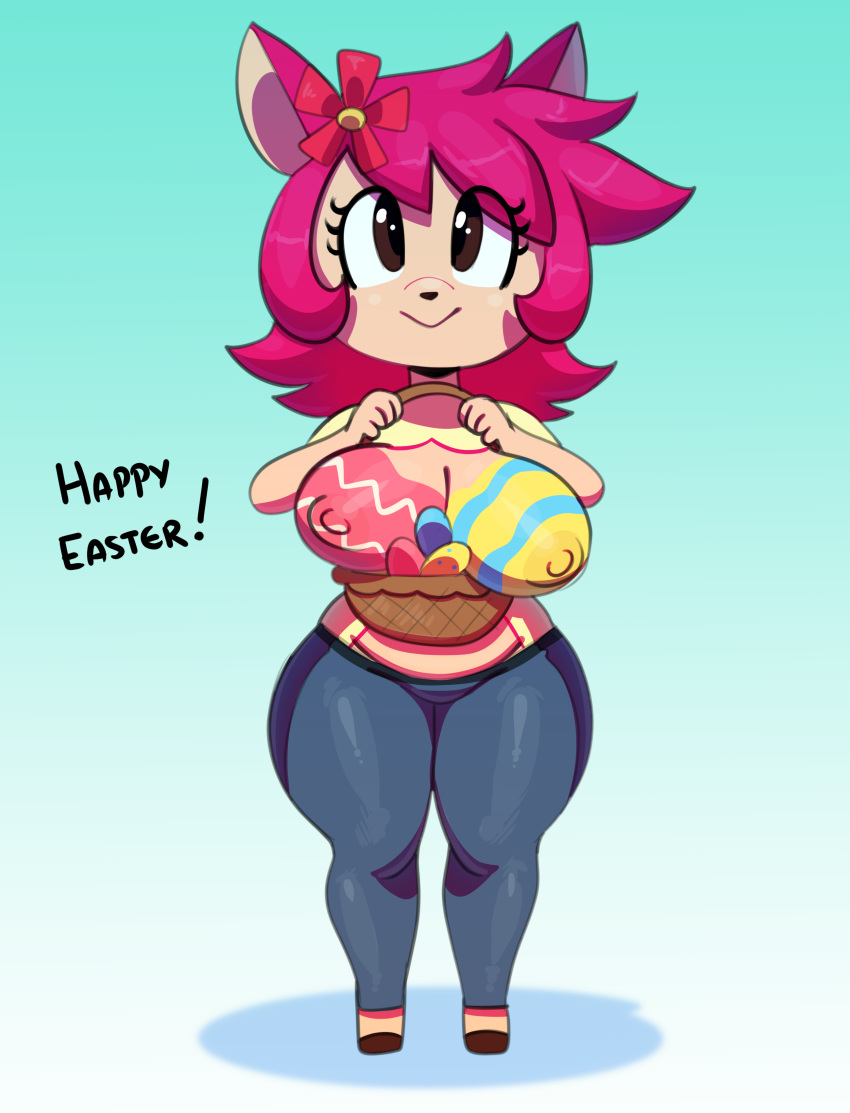 2019 absurd_res anthro basket big_breasts bodypaint breasts cervid cervine clothed clothing easter egg female flower hair hi_res holidays hooves horae_deerling mammal nintendo nipples pink_hair plant pok&eacute;mon short_hair short_stack solo somescrub sweat_pants text thick_thighs topless video_games wide_hips