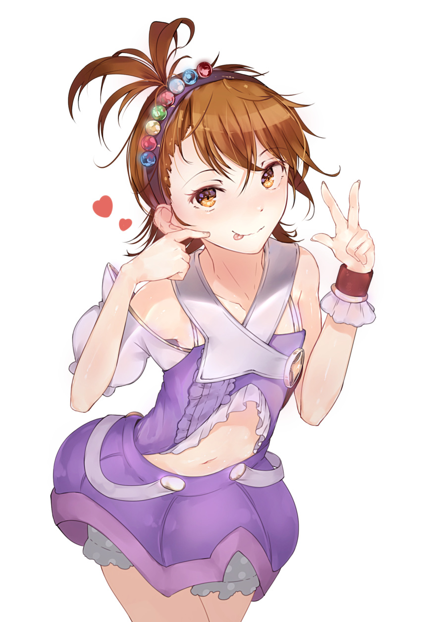 1girl arched_back asymmetrical_bangs asymmetrical_clothes bangs bare_shoulders brown_hair bubble_skirt closed_mouth commentary costume crossed_bangs finger_to_cheek fingernails flipped_hair futami_ami hairband hands_up heart highres hplay idol idolmaster leaning_forward light_brown_eyes looking_at_viewer navel single_sleeve single_wrist_cuff skirt smile solo tongue tongue_out w