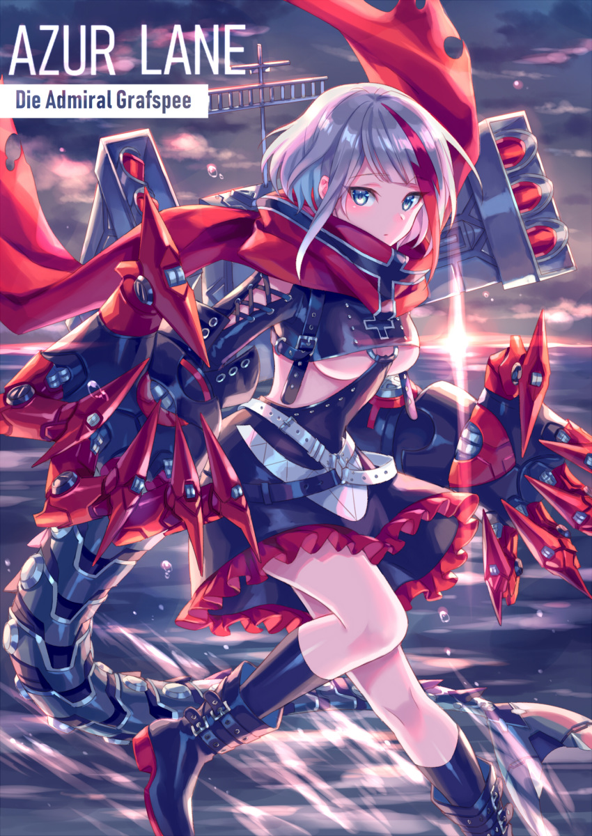 1girl azur_lane belt beltskirt black_belt black_dress black_legwear blue_eyes breasts character_name claws cloud cloudy_sky commentary_request copytright_name dress evening frilled_dress frills german_flag gloves graf_spee_(azur_lane) highres huge_claws iron_cross kneehighs leather leather_belt leather_footwear leather_gloves leather_shirt leather_skirt looking_at_viewer mechanical_gloves mechanical_tail medium_breasts medium_hair multicolored_hair ocean on_water red_scarf scarf shoes sky solo string sunlight sunset tail torpedo_tubes underboob water weapon weapon_on_back zoff_(daria)