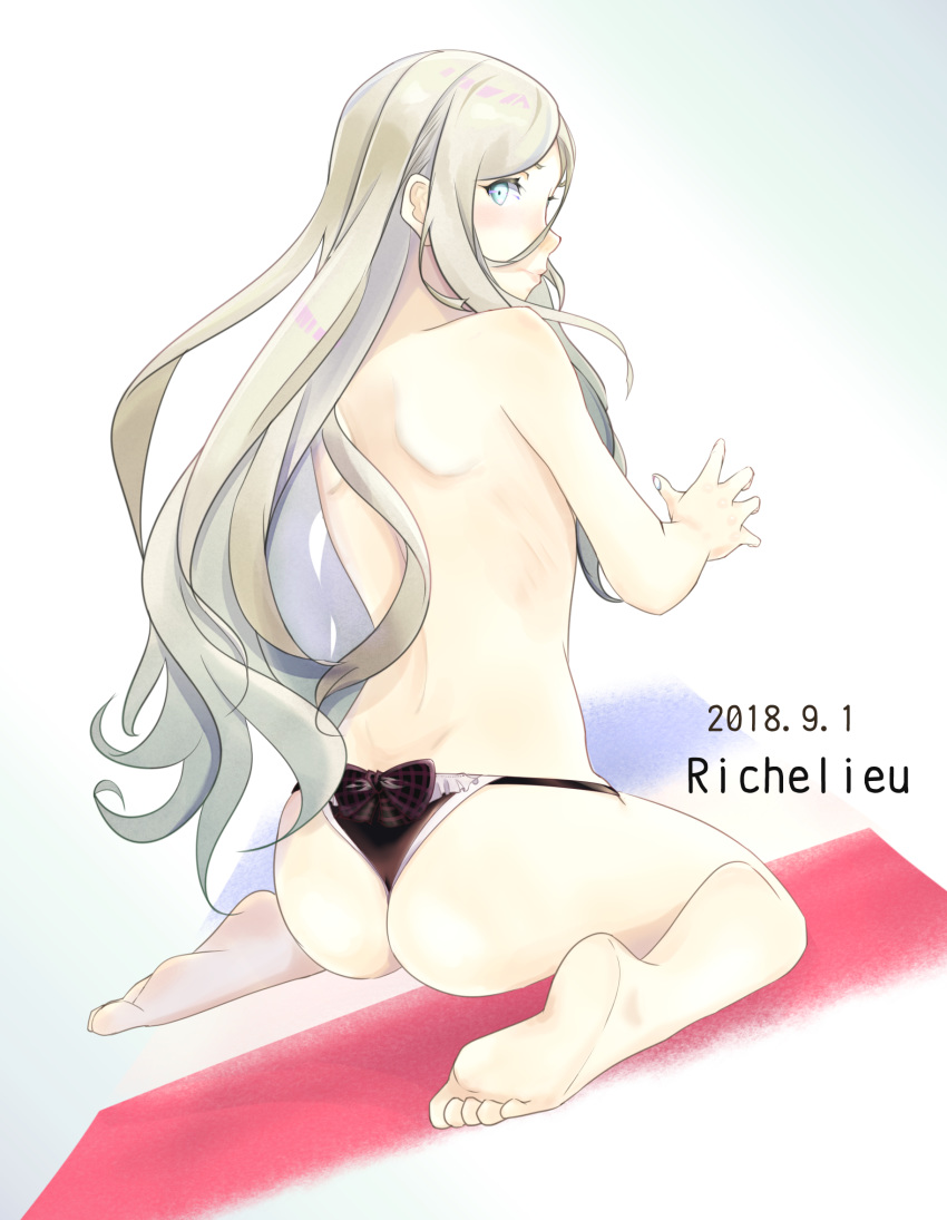 1girl ass barefoot blonde_hair blue_eyes commentary_request dated french_flag from_behind gradient gradient_background hair_between_eyes highres kantai_collection long_hair panties pink_lips richelieu_(kantai_collection) sitting smile soles solo title topless underwear velchi wariza white_background
