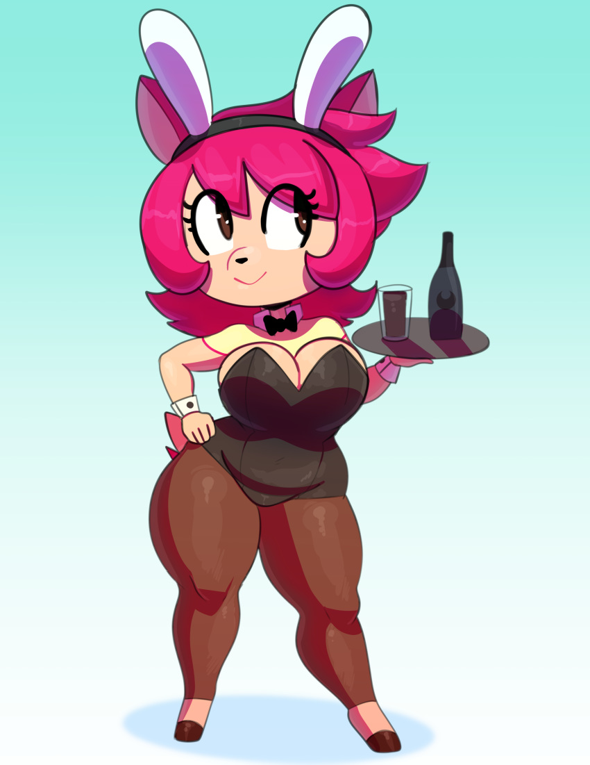2019 absurd_res alcohol anthro beverage big_breasts bow_tie breasts bunny_costume bunny_ears_(disambiguation) cleavage clothed clothing costume female hair hand_on_hip hi_res hooves horae_deerling legwear nintendo pok&eacute;mon shirt_cuffs short_hair short_stack simple_background skimpy small_waist smile somescrub stockings thick_thighs tray video_games wide_hips