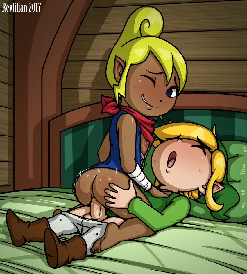 anus ass barefoot bed bed_frame bed_sheet bedroom blonde_hair blue_eyes blue_shirt blush boots breasts butt dark_skin dark_skinned_female exposed_breasts eyebrows eyebrows_visible_through_hair eyes_closed female female_on_top green_hat green_tunic hand_on_another's_chest hand_on_butt highres indoors interracial link looking_back male male/female moaning motion_lines mouth_open nintendo nipples on_top one_eye_closed pants pants_down penetration penis pillow pointy_ears pussy pussy_juice revtilian scarf sex smile sweat testicles tetra the_legend_of_zelda the_legend_of_zelda:_the_wind_waker the_wind_waker toon_link tunic vagina vaginal vaginal_penetration