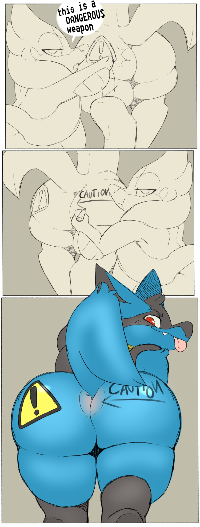 ! 2019 absurd_res ambiguous_gender anthro backsash big_butt blue_fur butt butt_slap canid canine caution_symbol dialogue digital_media_(artwork) duo english_text floatzel fur hair half-closed_eyes hi_res looking_at_viewer looking_back lucario mammal nintendo open_mouth pok&eacute;mon pok&eacute;mon_(species) presenting presenting_hindquarters raised_tail red_eyes shaded sharpie simple_background slap speech_bubble standing teeth text tongue tongue_out video_games