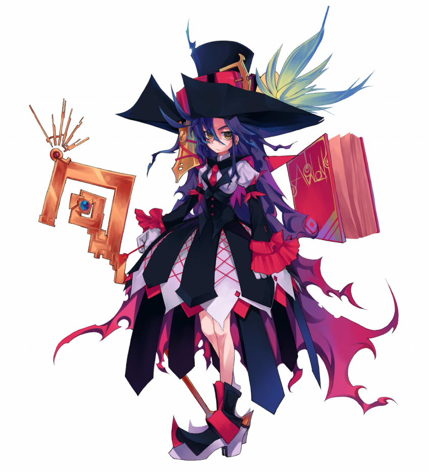 1girl big_hat book dip_pen dress eyes_closed floating floating_book floating_object frilled_sleeves frills frown gloves green_eyes hair_between_eyes hat hat_feather highres holding holding_staff lamian_(pixiv415608) long_hair necktie original pen purple_hair red_neckwear simple_background solo staff standing white_background white_gloves witch witch_hat