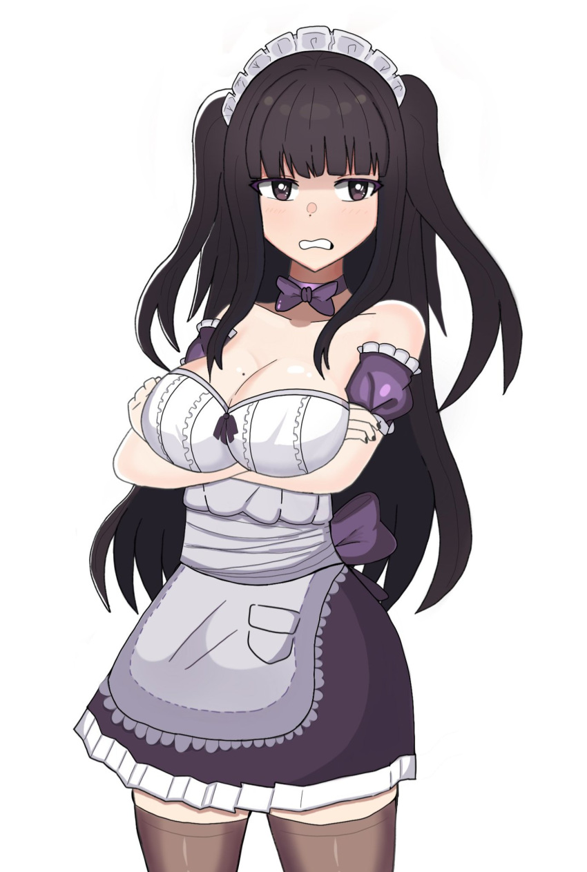 1girl bare_shoulders black_eyes black_hair breast_hold breasts cleavage clenched_teeth fire_emblem large_breasts long_hair maid maid_headdress nintendo solo standing teeth tharja thighhighs