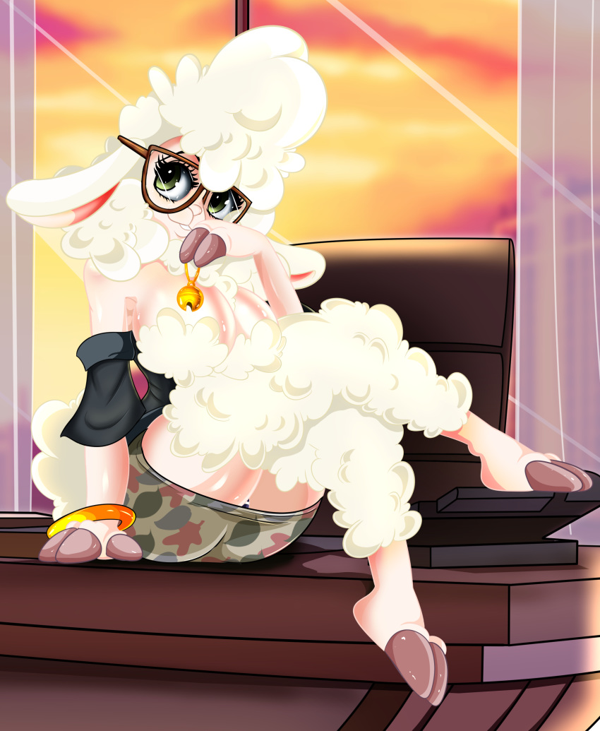 2019 absurd_res anthro bell big_breasts bovid bracelet breasts caprine cleavage clothed clothing dawn_bellwether detailed_background disney eyelashes eyewear female floppy_ears glasses green_eyes hair hi_res inside jacket jewelry looking_at_viewer mammal mature_female miniskirt panties sheep sitting skirt smile solo sonson-sensei underwear upskirt white_hair wool zootopia