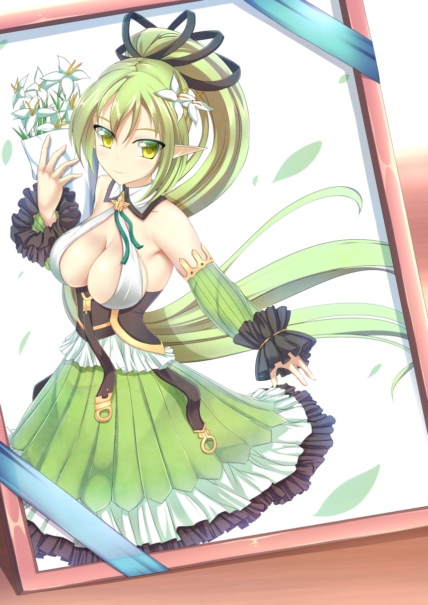 1girl absurdres armpits bare_shoulders blush breasts cleavage cleavage_cutout detached_sleeves elf elsword flower green_eyes green_hair haiumore highres large_breasts long_hair looking_at_viewer photo_(object) picture_frame pointy_ears ponytail rena_(elsword) sideboob skirt smile solo very_long_hair wind_sneaker_(elsword)