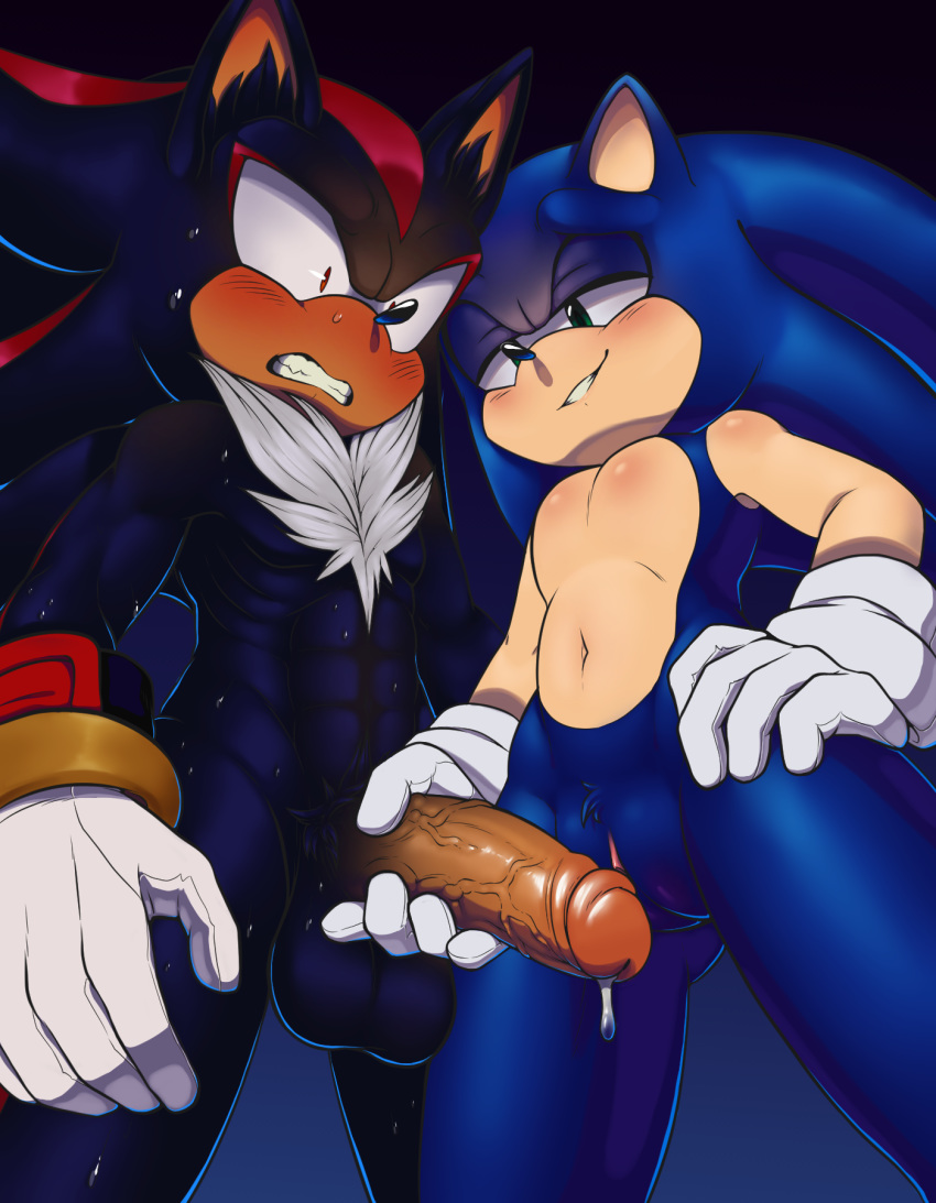 2019 anthro clothing crossgender erection gloves green_eyes hi_res humanoid_penis male male/male mammal muscular muscular_male navel nowykowski7 nude penis precum seductive shadow_the_hedgehog smile smirk sonic_(series) sonic_the_hedgehog