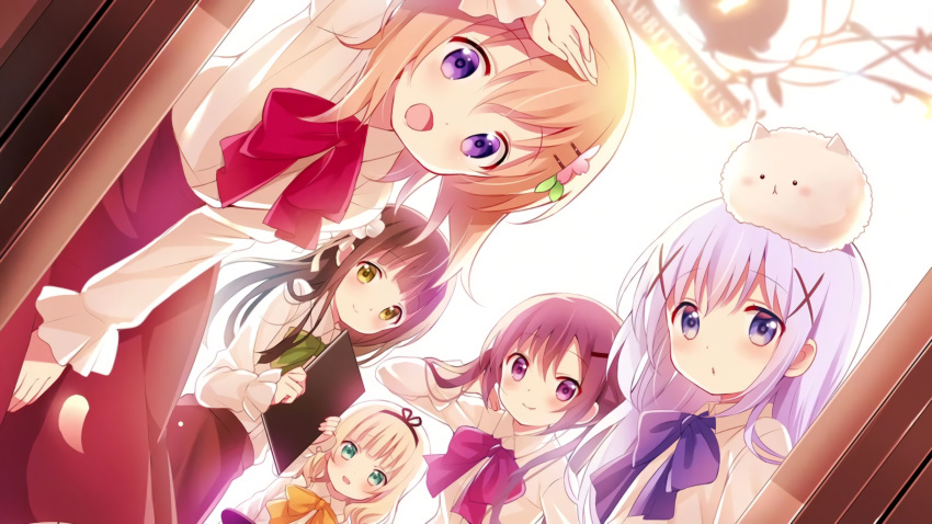 absurdres blue_eyes blue_hair blush bunny gochuumon_wa_usagi_desu_ka? hair_ornament hairclip highres hoto_cocoa kafuu_chino kirima_sharo long_hair long_sleeves looking_at_viewer multiple_girls rabbit_house_uniform shirt skirt smile tedeza_rize tippy_(gochiusa) ujimatsu_chiya very_long_hair waitress white_shirt