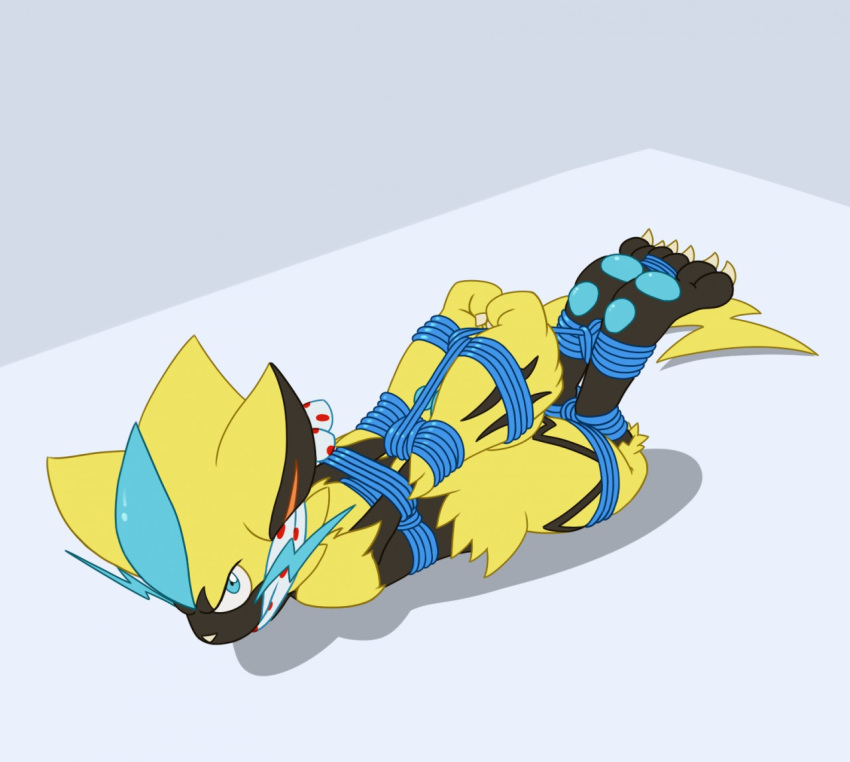 3_toes ambiguous_gender bdsm black_fur blue_eyes bondage bound claws fur gag looking_at_viewer multicolored_fur nintendo pawpads pok&eacute;mon pok&eacute;mon_(species) rope rope_bondage simple_background solo striped_fur stripes toe_claws toes toes_tied video_games whistleristler yellow_fur zeraora