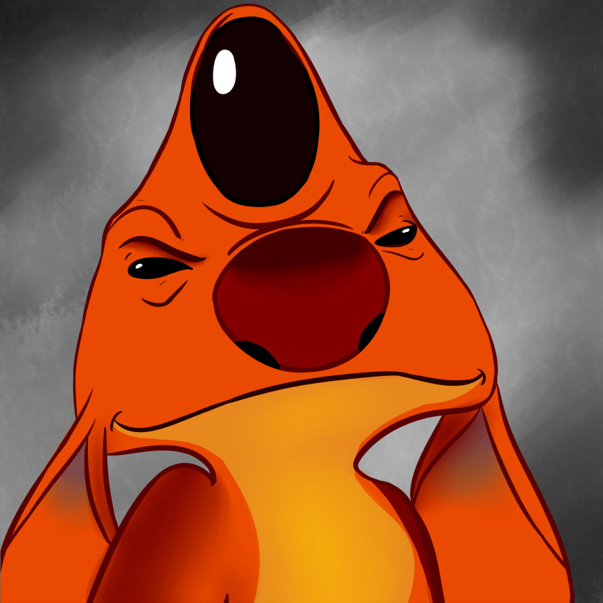 1:1 2019 absurd_res alien black_eyes bust_portrait digital_drawing_(artwork) digital_media_(artwork) disney ears_down experiment_(species) glare grey_background heat_(lilo_and_stitch) hi_res lilo_and_stitch orange_body portrait red_nose simple_background solo squint starryblast9