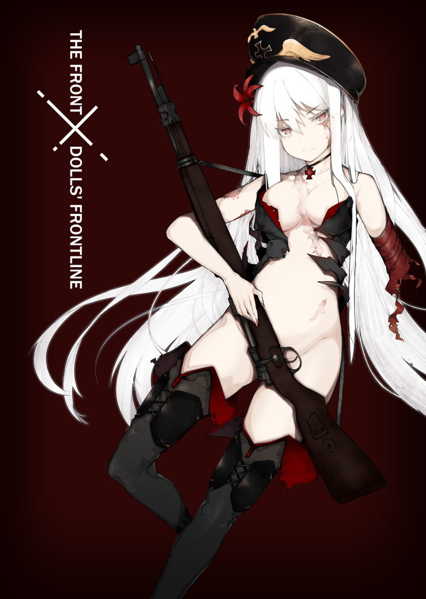 1girl bangs black_footwear black_headwear black_jacket blush bolt_action boots breasts cleavage covering covering_crotch ekuesu eyebrows_visible_through_hair flower fur_trim girls_frontline gun hair_between_eyes hat highres iron_cross jacket jewelry kar98k_(girls_frontline) long_hair looking_at_viewer mauser_98 medium_breasts necklace peaked_cap pink_eyes red_eyes red_flower rifle scar sling solo thigh_boots thighhighs torn_clothes torn_jacket very_long_hair weapon white_hair