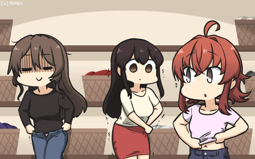 3girls akagi_(kantai_collection) alternate_costume arashi_(kantai_collection) ashigara_(kantai_collection) asymmetrical_hair black_shirt brown_eyes brown_hair closed_mouth denim eyebrows_visible_through_hair eyes_closed hair_between_eyes hamu_koutarou highres jeans kantai_collection long_hair long_sleeves looking_at_another messy_hair multiple_girls navel one_side_up pants red_hair red_skirt shirt short_sleeves skirt smile straight_hair white_shirt