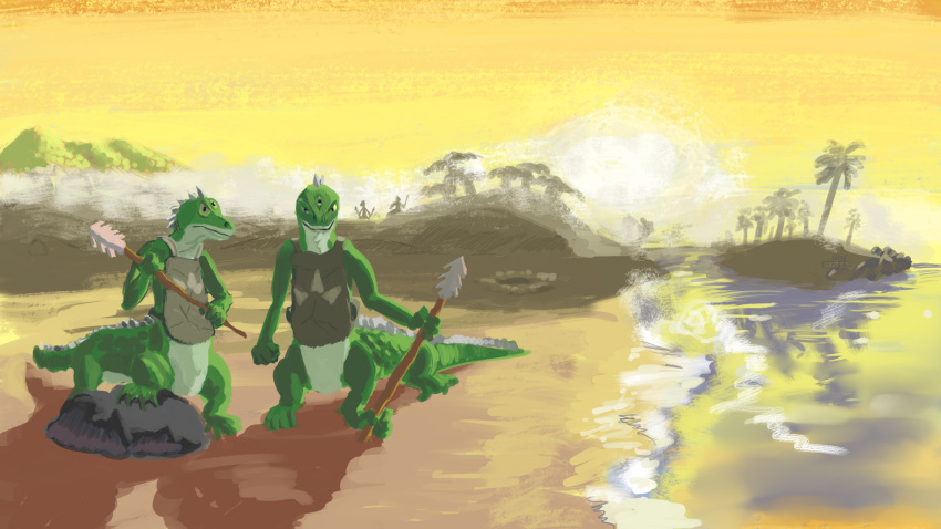 16:9 3rd_eye alien anthro beach centaur equid equine equine_taur hexadoodle hi_res lizard mammal melee_weapon multifur polearm reptile scalie seaside spear sunset taur tuatara weapon