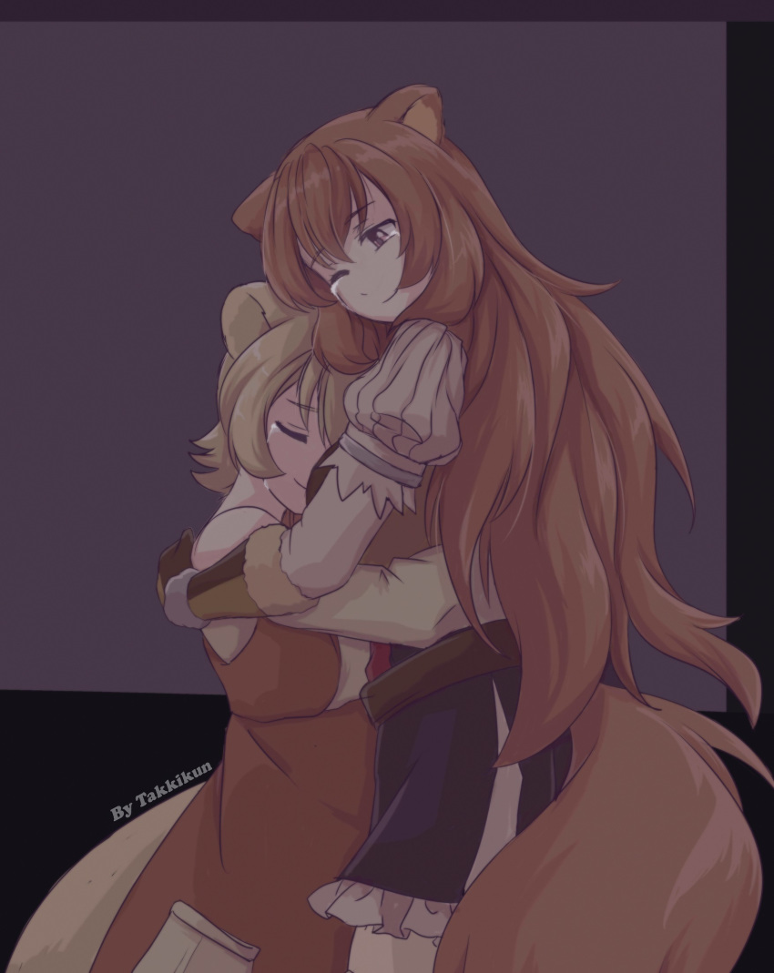 2girls animal_ear_fluff animal_ears bangs blonde_hair brown_hair crying eyes_closed highres hug long_hair multiple_girls one_eye_closed pink_eyes raccoon_ears raccoon_girl raccoon_tail raphtalia rifana smile tail takkikun tate_no_yuusha_no_nariagari