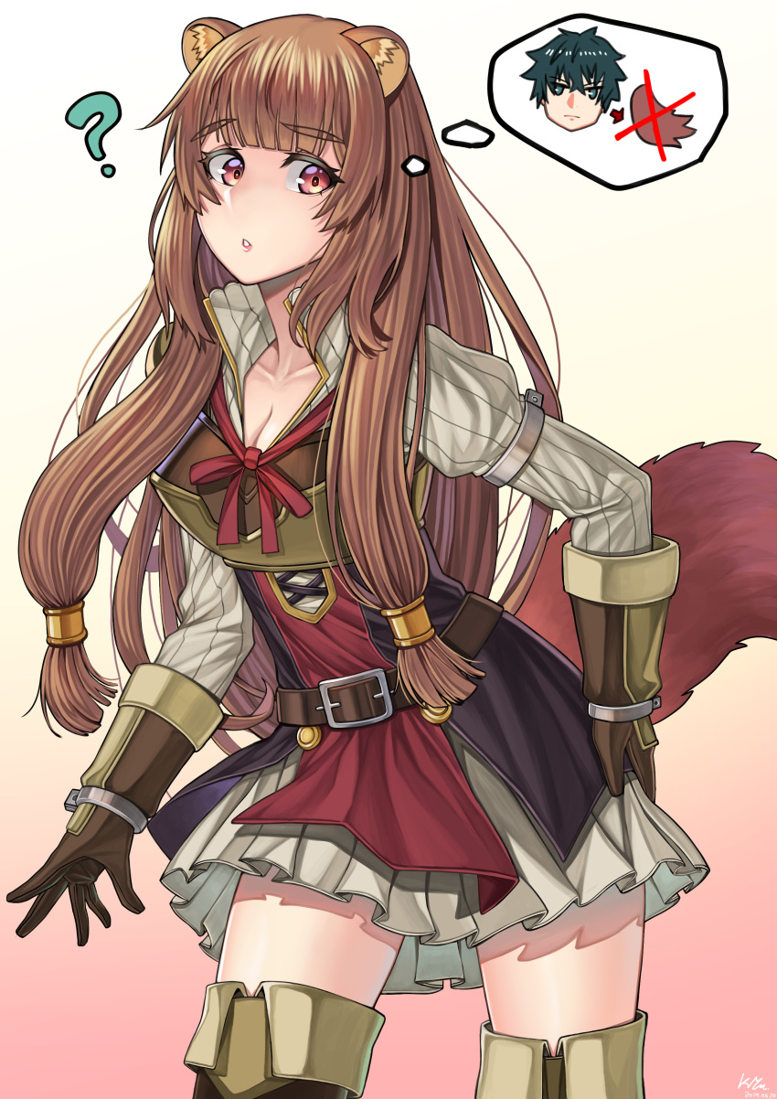 1girl ? absurdres animal_ears bangs belt blunt_bangs blush boots breastplate breasts brown_gloves brown_hair cleavage collarbone cuffs dated dress eyebrows_visible_through_hair gloves gradient gradient_background hair_tubes hand_on_hip highres iwatani_naofumi long_hair long_sleeves looking_back medium_breasts nanni_jjang parted_lips puffy_long_sleeves puffy_sleeves raccoon_ears raccoon_girl raccoon_tail raphtalia red_eyes red_ribbon ribbed_dress ribbon short_dress signature solo sweater sweater_dress tail tate_no_yuusha_no_nariagari thigh_boots thighhighs thought_bubble very_long_hair white_dress