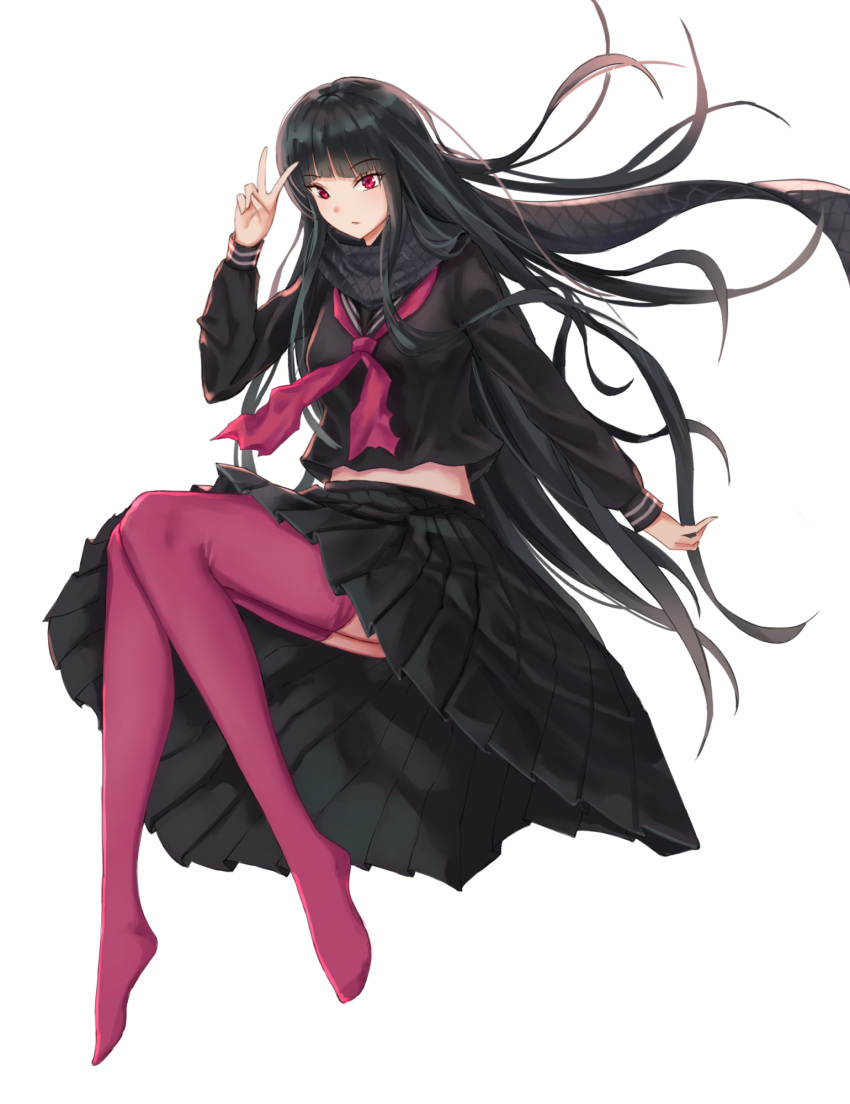 1girl bangs black_hair black_sailor_collar black_scarf black_serafuku black_skirt black_sweater blunt_bangs fate/grand_order fate_(series) floating floating_hair hand_up highres koha-ace legs long_hair long_skirt long_sleeves looking_at_viewer neckerchief oryou_(fate) pink_legwear pink_neckwear pleated_skirt red_eyes sailor_collar scarf school_uniform serafuku sidelocks skirt solo sweater thighhighs thighs v very_long_hair white_background yuzuriha