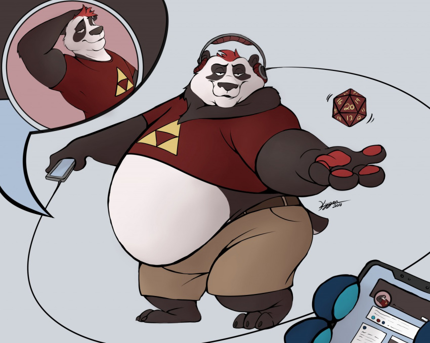 anthro before_and_after belly belly_overhang big_belly black_fur cellphone chubby_cheeks claws clothed clothing d20 dice duo fur giant_panda grin hair headphones holding_object holding_phone kygen male mammal midriff obese obese_male overweight overweight_male phone red_hair smartphone smile solo_focus standing toe_claws triforce ursid weight_gain white_fur