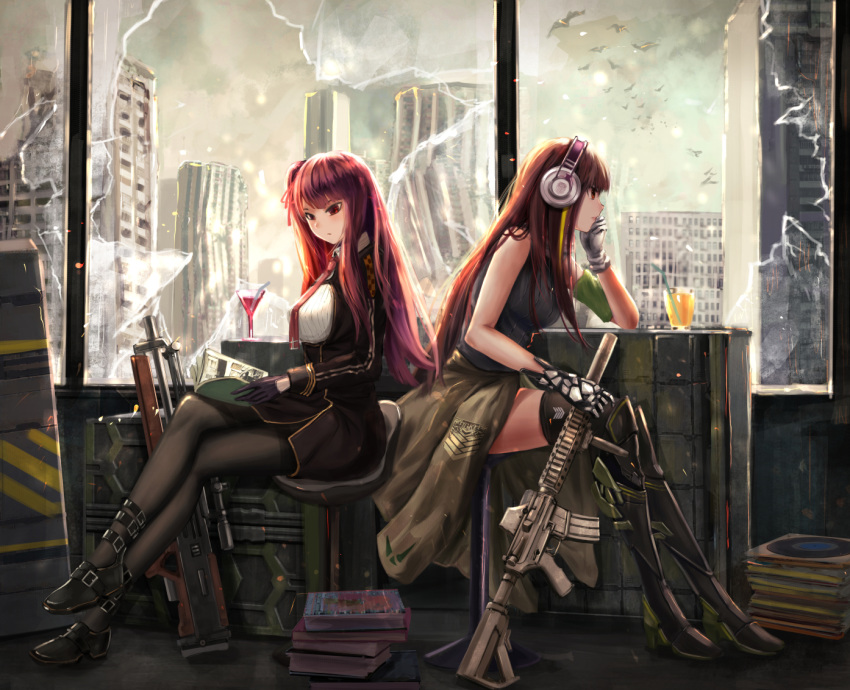 2girls armband assault_rifle back-to-back bangs bare_shoulders belt bird black_footwear black_gloves black_legwear black_skirt blazer book book_on_lap book_stack breasts broken_glass broken_window brown_eyes brown_hair building chin_rest city cloud cloudy_sky day destruction drink drinking_straw eyebrows_visible_through_hair full_body girls_frontline glass gloves green_sweater gun hair_ribbon half_updo headphones holding holding_book holding_gun holding_weapon indoors jacket knee_pads large_breasts legs_crossed long_hair looking_at_viewer m4_carbine m4a1_(girls_frontline) multicolored_hair multiple_girls necktie one_side_up pantyhose profile reading red_eyes red_hair red_neckwear ribbon rifle scenery shirt shoes sitting skirt sky streaked_hair sweater sweater_vest thighhighs wa2000_(girls_frontline) weapon yuzuriha