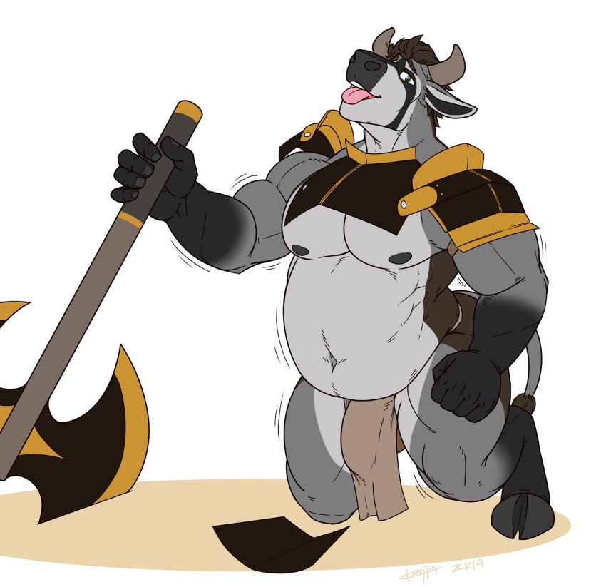 anthro armor axe balls barely_visible_balls barely_visible_genitalia belly big_belly bovid bovine bulge cattle clothing hi_res horn kenjin loincloth looking_at_viewer male mammal melee_weapon muscular muscular_male smile solo tongue tongue_out weapon