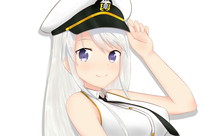 1girl arm_up azur_lane bangs bare_arms bare_shoulders black_neckwear blush breasts closed_mouth collared_shirt commentary_request dress_shirt enterprise_(azur_lane) eyebrows_visible_through_hair hair_between_eyes hand_on_headwear hat highres large_breasts long_hair looking_at_viewer military_hat necktie peaked_cap purple_eyes romaji_commentary shirt silver_hair simple_background sleeveless sleeveless_shirt smile solo upper_body white_background white_headwear white_shirt yuujoduelist