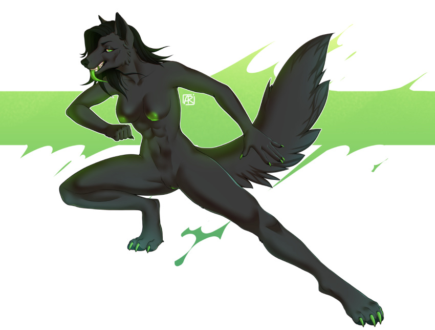 2019 4_toes 5_fingers anthro black_fur canid canine canis coyote female fur green_eyes green_tongue mammal nipples nude pussy rayley simple_background smile solo teeth toes tongue