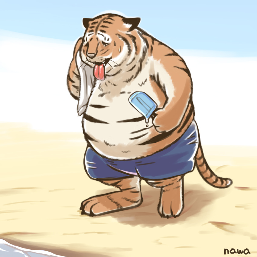 1:1 anthro beach belly belly_overhang breath claws clothed clothing felid food fur hi_res holding_food holding_object holding_towel male mammal obese obese_male open_mouth orange_fur outside overweight overweight_male pantherine panting popsicle roppu sand seaside solo striped_fur stripes sweat sweatdrop swimwear tiger toe_claws tongue tongue_out topless towel water