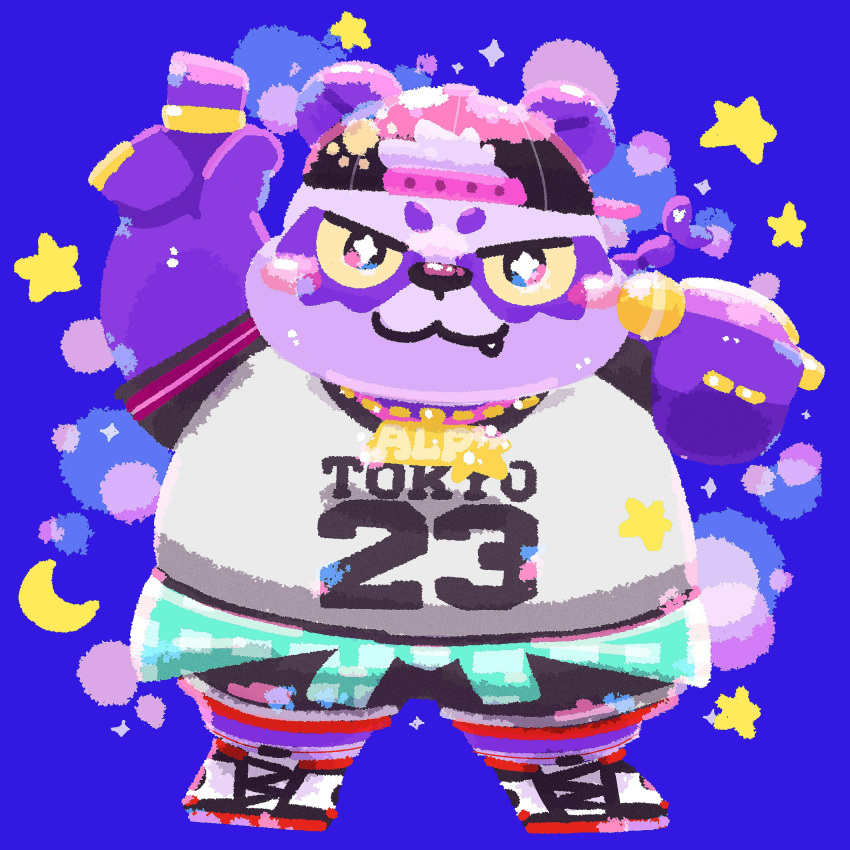 1:1 2019 absurd_res alp_(tas) anthro belly bmf_6666 clothing cute_fangs english_text fur giant_panda hat headgear headwear hi_res humanoid_hands male mammal moon overweight overweight_male purple_fur shirt shorts solo text tokyo_afterschool_summoners topwear ursid video_games