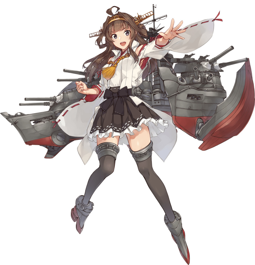 1girl ahoge black_bow black_legwear black_skirt boots bow brown_hair cannon clenched_hand collared_shirt detached_sleeves frilled_skirt frills full_body hair_intakes hair_ornament hairband headgear highres kantai_collection kongou_(kantai_collection) konishi_(koconatu) long_hair looking_at_viewer machinery non-web_source nontraditional_miko official_art open_mouth outstretched_arm purple_eyes remodel_(kantai_collection) ribbon-trimmed_sleeves ribbon_trim sakuramon shirt sidelocks skirt smile thighhighs torpedo_launcher transparent_background turret zettai_ryouiki