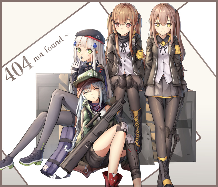 404 4girls absurdres assault_rifle bag bkyuuc black_footwear black_headwear black_legwear black_neckwear black_ribbon black_shorts blush boots brown_eyes brown_hair brown_jacket commentary cross eyebrows_visible_through_hair eyes_closed full_body g11_(girls_frontline) girls_frontline green_eyes green_headwear gun h&amp;k_g11 hair_between_eyes hair_ornament hat highres http_status_code jacket multiple_girls one_side_up panties ribbon rifle shirt shoes shorts side_ponytail sitting sleeping smile standing thighhighs twintails ump45_(girls_frontline) ump9_(girls_frontline) underwear weapon white_hair white_shirt yellow_eyes