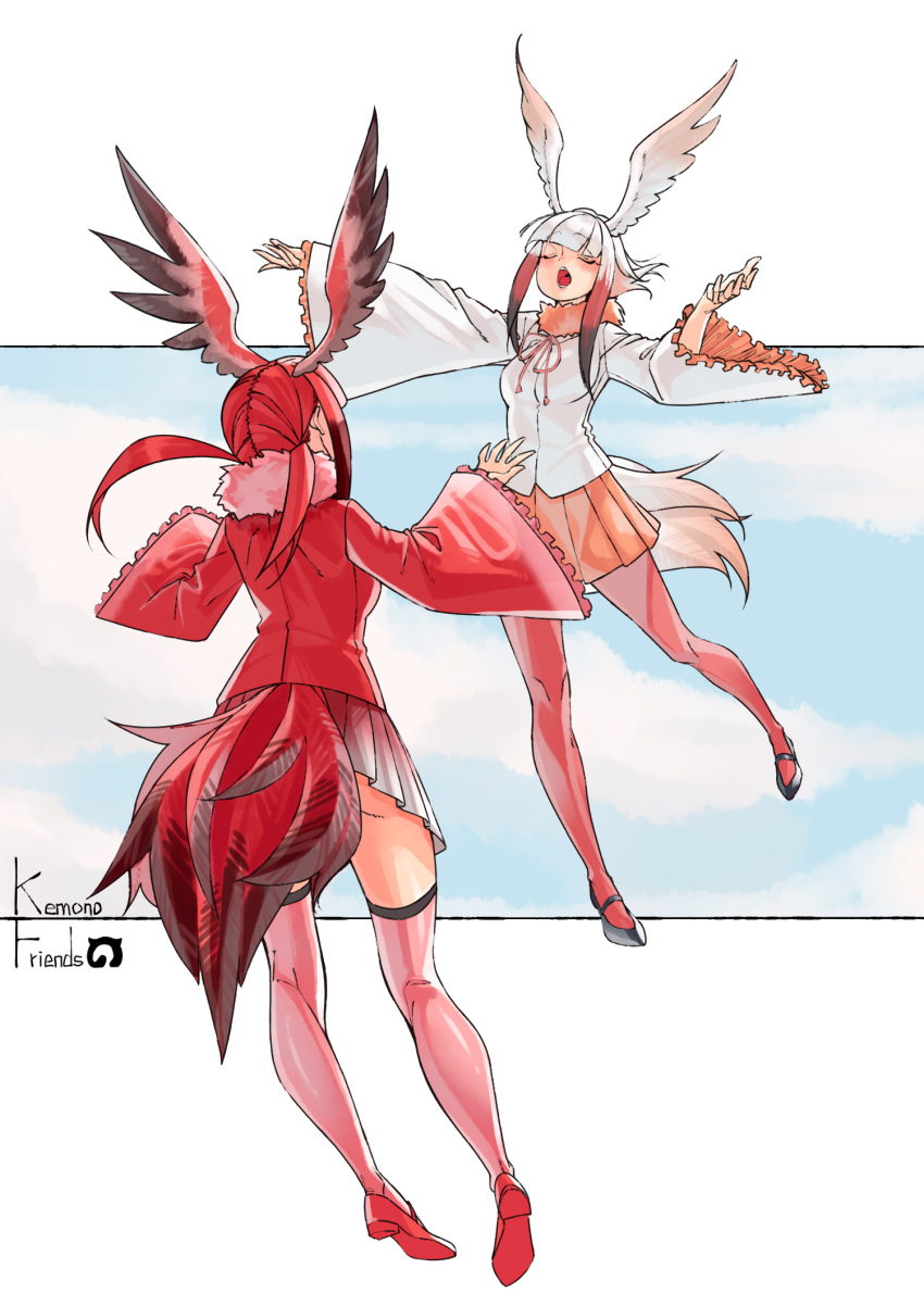 2girls bangs bird_tail black_footwear black_hair blunt_bangs blush commentary copyright_name english_commentary eyes_closed frilled_sleeves frills full_body fur_collar gradient_hair head_wings highres japanese_crested_ibis_(kemono_friends) japari_symbol kemono_friends long_sleeves mabbakmoe mary_janes multicolored_hair multiple_girls music open_mouth orange_skirt outstretched_arms pantyhose pink_legwear pleated_skirt red_footwear red_hair red_legwear red_shirt scarlet_ibis_(kemono_friends) shirt shoes sidelocks simple_background singing skirt spread_arms thighhighs white_background white_hair white_shirt wide_sleeves