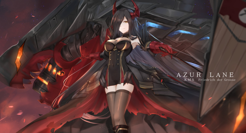 1girl armpits azur_lane bangs bare_shoulders baton_(instrument) black_hair black_legwear boots breasts brown_footwear brown_legwear cannon character_name closed_mouth eternity_(pixiv8012826) friedrich_der_grosse_(azur_lane) gloves hair_over_one_eye hands_up highres holding horns large_breasts long_hair looking_at_viewer machinery red_gloves red_horns rigging smile solo thighhighs tsurime turret very_long_hair wind yellow_eyes