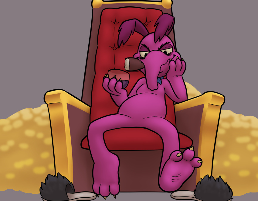 3_toes aardvark alcohol ambiguous_gender barefoot beverage bitcoon chair cigar cyril_sneer featureless_crotch first_person_view foot_focus front_view hi_res mammal sitting slippers smile smirk smug solo the_raccoons throne toes wine