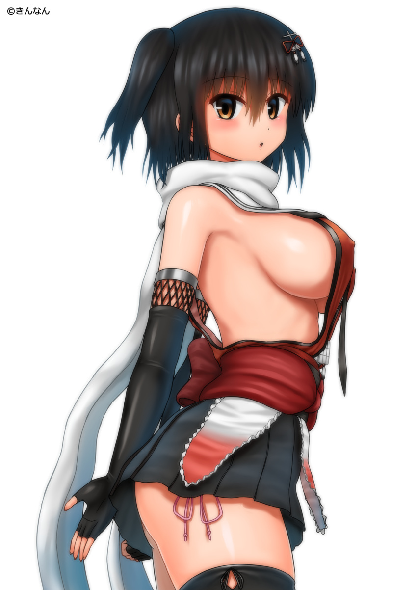 1girl :o arms_behind_back black_gloves black_hair black_legwear black_neckwear black_skirt blush breasts brown_eyes covered_nipples elbow_gloves eyebrows_visible_through_hair fingerless_gloves gloves hair_between_eyes hair_ornament highres kantai_collection kinnan large_breasts looking_at_viewer necktie remodel_(kantai_collection) revision scarf school_uniform sendai_(kantai_collection) short_hair sideboob simple_background skirt solo thighhighs two_side_up white_background white_scarf