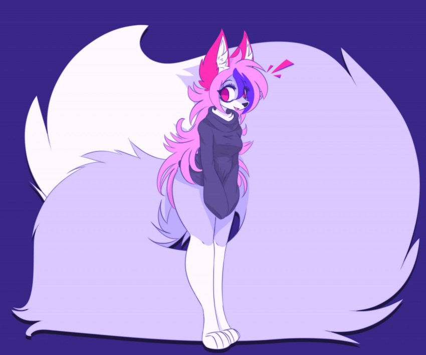 2019 anthro big_tail breasts canid canine canis clothed clothing digital_media_(artwork) domestic_dog female fluffy fox fur hair long_tail mammal mazz mazzlerazz simple_background smile solo white_fur