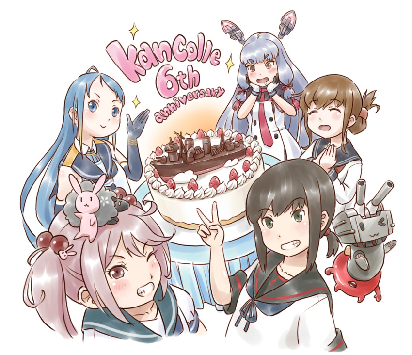 2others 5girls ;) ;3 animal animal_on_head bangs black_hair blue_eyes blue_gloves blue_hair brown_hair bunny cake dress drooling elbow_gloves enemy_lifebuoy_(kantai_collection) english_text eyebrows_visible_through_hair folded_ponytail food fubuki_(kantai_collection) gloves green_eyes hair_bobbles hair_ornament hair_ribbon headgear inazuma_(kantai_collection) kantai_collection karasu_(naoshow357) long_hair long_sleeves looking_at_viewer low_ponytail multiple_girls multiple_others murakumo_(kantai_collection) necktie on_head one_eye_closed orange_eyes pink_eyes pink_hair red_neckwear remodel_(kantai_collection) rensouhou-chan ribbon sailor_dress samidare_(kantai_collection) sazanami_(kantai_collection) school_uniform serafuku sheep shirt short_eyebrows short_hair short_ponytail short_sleeves sidelocks silver_hair simple_background sleeveless sleeveless_shirt smile swept_bangs tress_ribbon twintails upper_body white_background white_gloves