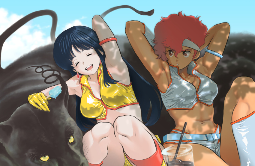 2girls 80s animal armpits blue_hair blue_sky breasts commentary_request cup dark_skin dirty_pair earrings food gloves headband jewelry kei_(dirty_pair) long_hair midriff multiple_girls navel oldschool popsicle red_hair short_hair short_shorts shorts sky summer yas66 yuri_(dirty_pair)