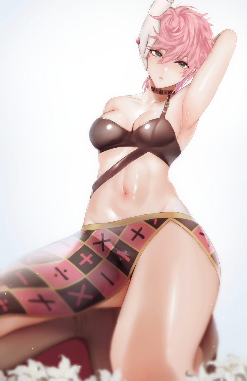 1girl absurdres arm_behind_head arm_up armpits bangs bare_shoulders blush breasts choker cleavage collarbone flower grey_eyes hair_between_eyes hand_on_another's_cheek hand_on_another's_face highres jojo_no_kimyou_na_bouken kneeling looking_at_viewer medium_breasts midriff navel out_of_frame parted_lips pink_hair pink_skirt sakiryo_kanna short_hair simple_background skirt solo_focus spice_girl_(stand) thighs trish_una vento_aureo white_background