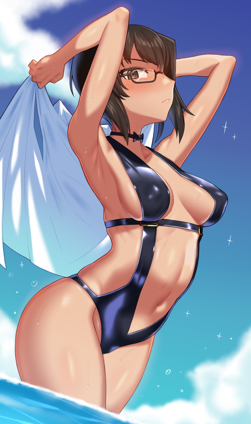 1girl armpits arms_behind_head black_hair black_neckwear blush breasts brown_eyes choker closed_mouth cloud cloudy_sky collarbone girls_und_panzer glasses groin kawashima_momo looking_at_viewer medium_breasts navel ocean shiny shiny_hair shiny_skin short_hair sideboob skindentation sky solo standing swimsuit swimwear tan towel water_drop wet